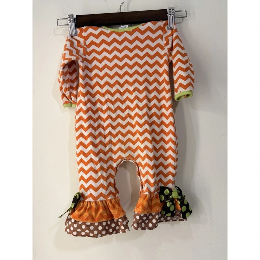 Boutique Baby Pumpkin Romper 6-9M Orange Chevron Halloween Fall Ruffle
